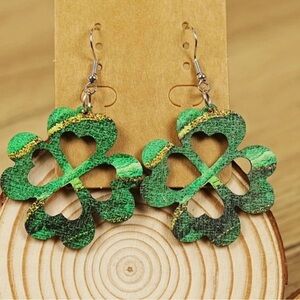 St. Patrick's Day Irish Lucky Shamrock Design Wooden Dangle Earrings